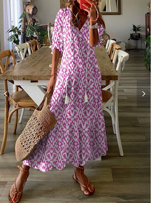 V-neck printed long-sleeved dress with cap sleeves