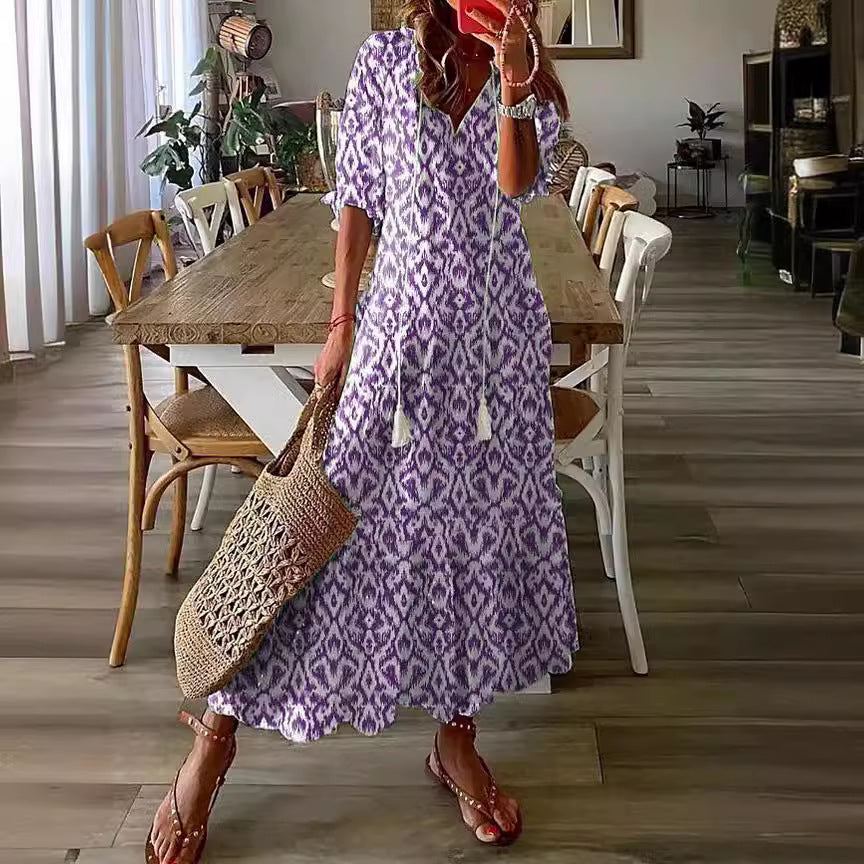 V-neck printed long-sleeved dress with cap sleeves