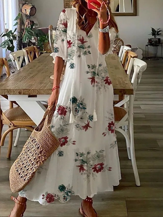 V-neck printed long-sleeved dress with cap sleeves