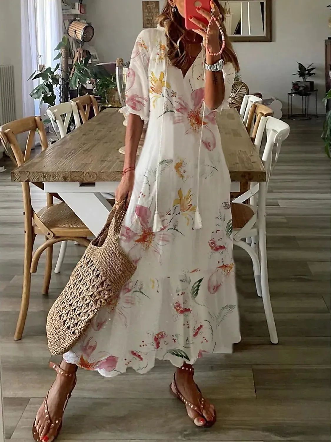 V-neck printed long-sleeved dress with cap sleeves