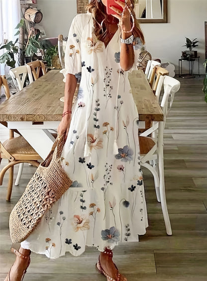 V-neck printed long-sleeved dress with cap sleeves