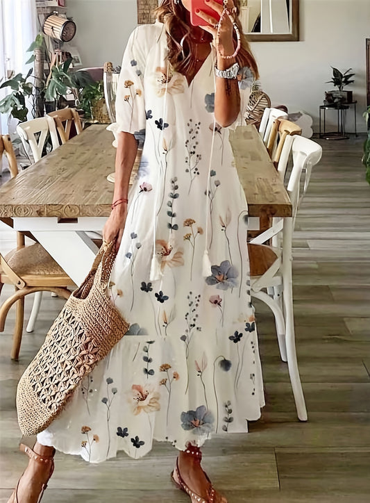 V-neck printed long-sleeved dress with cap sleeves