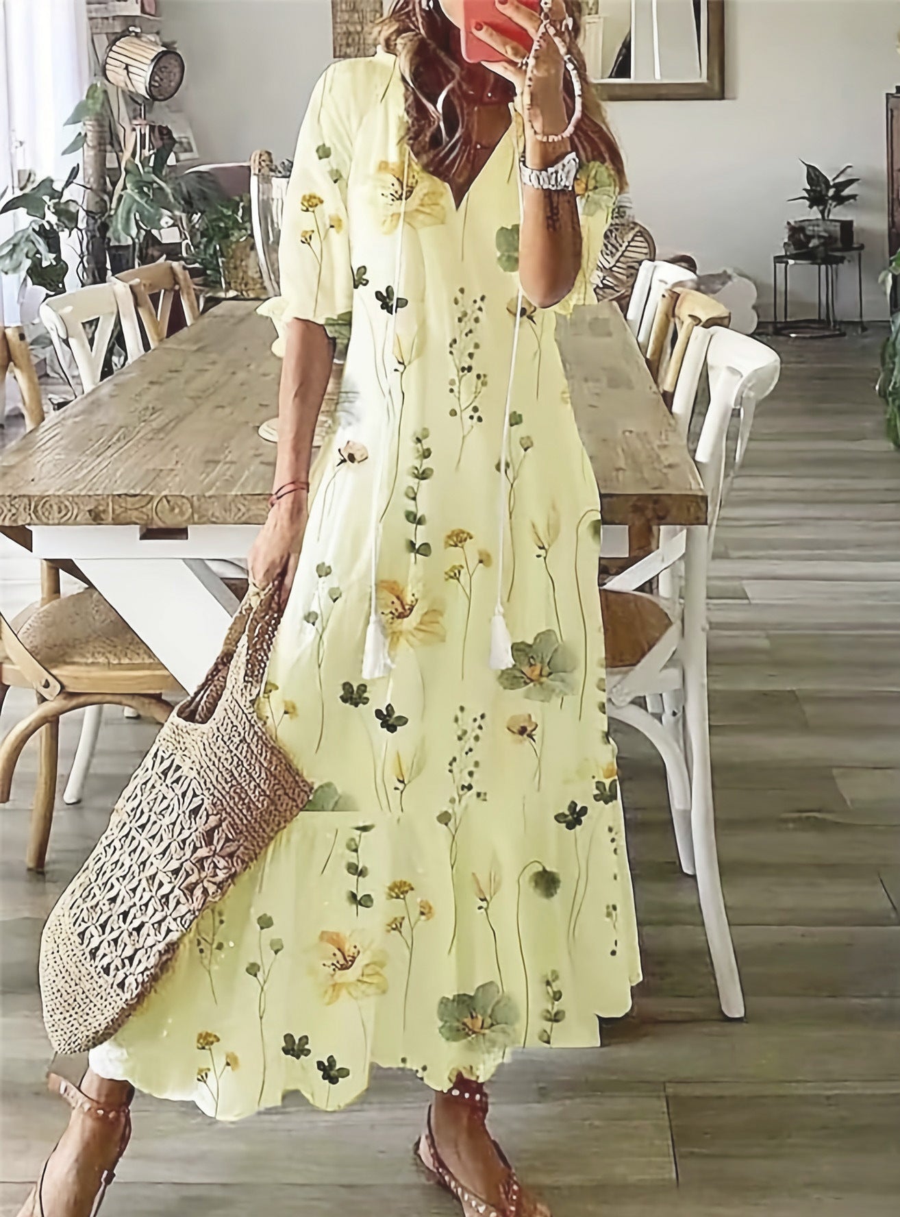 V-neck printed long-sleeved dress with cap sleeves