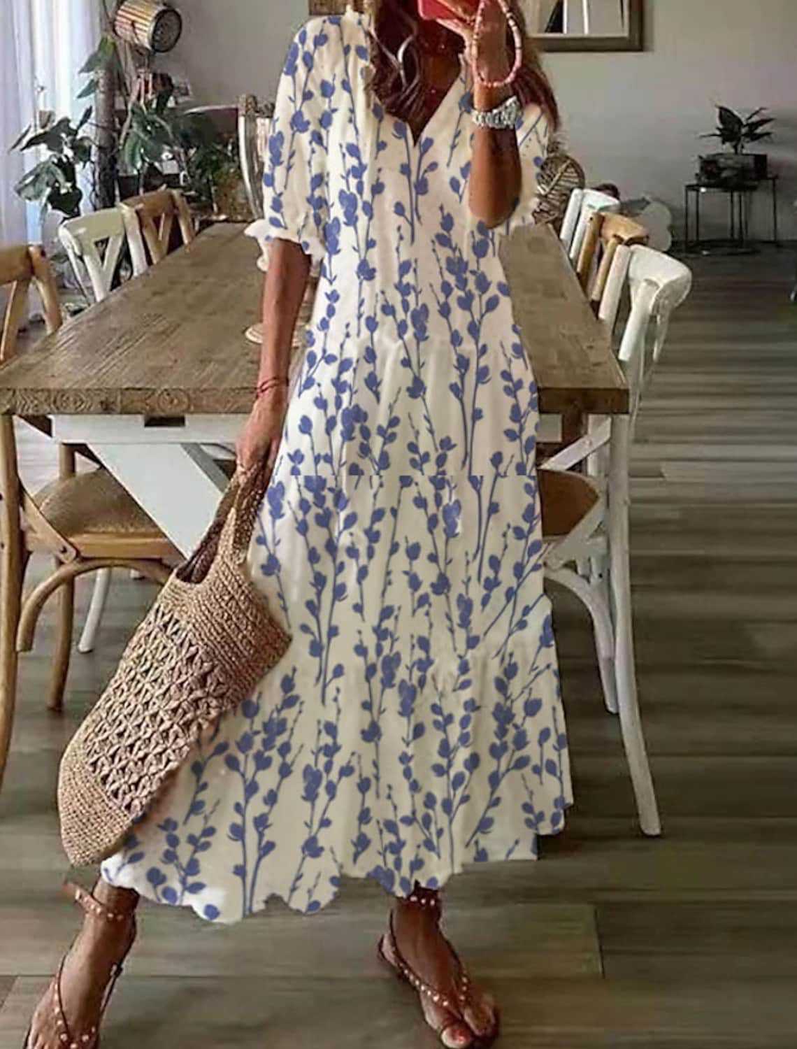 V-neck printed long-sleeved dress with cap sleeves