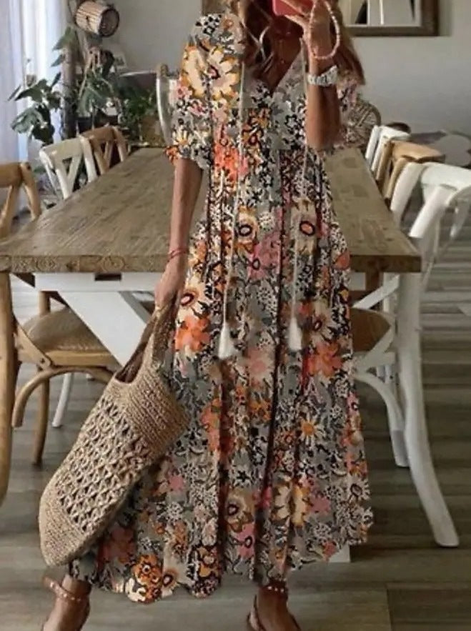 V-neck printed long-sleeved dress with cap sleeves