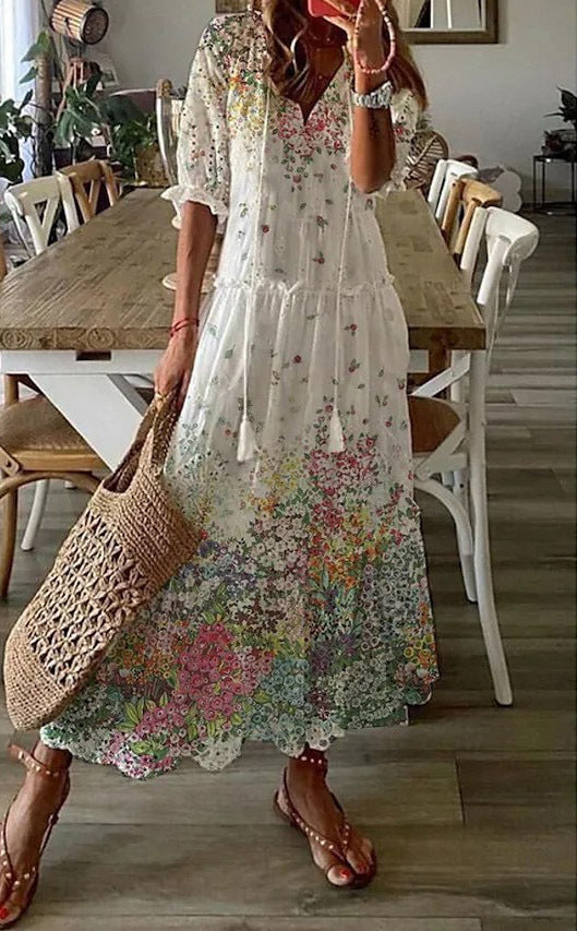 V-neck printed long-sleeved dress with cap sleeves