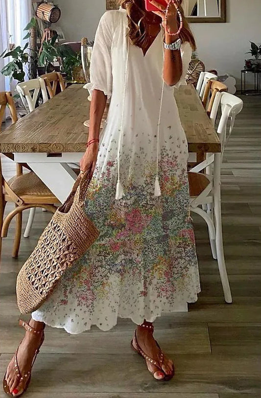 V-neck printed long-sleeved dress with cap sleeves