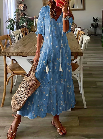 V-neck printed long-sleeved dress with cap sleeves