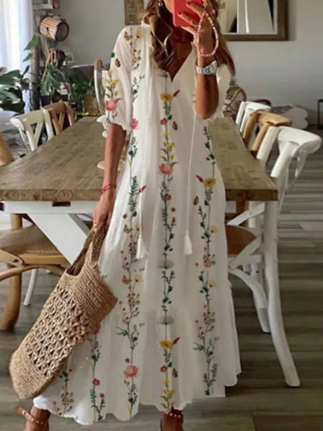 V-neck printed long-sleeved dress with cap sleeves