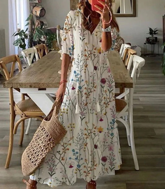 V-neck printed long-sleeved dress with cap sleeves