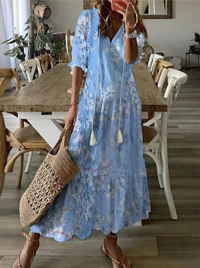 V-neck printed long-sleeved dress with cap sleeves