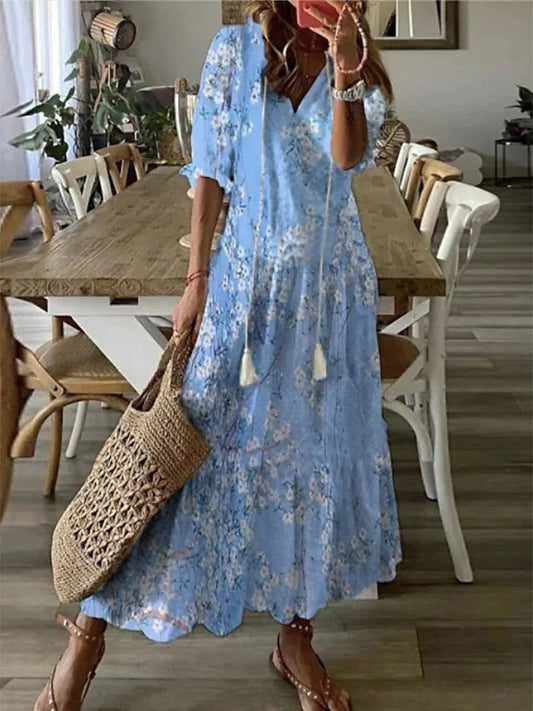 V-neck printed long-sleeved dress with cap sleeves