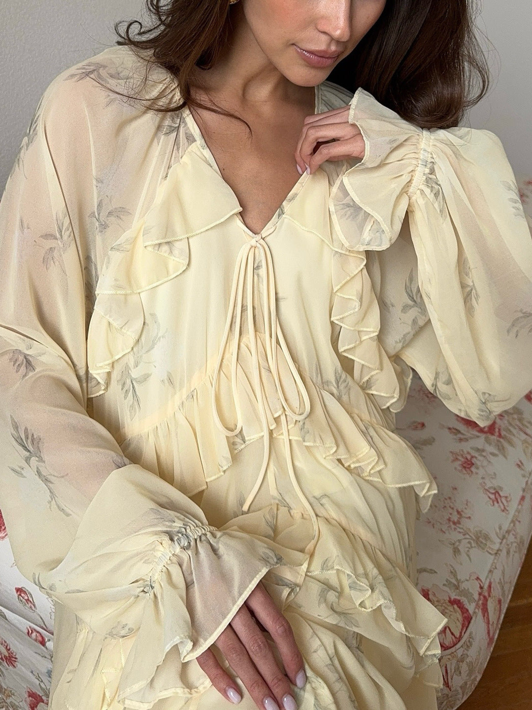 V-Neck Ruffled Mesh Long Dress