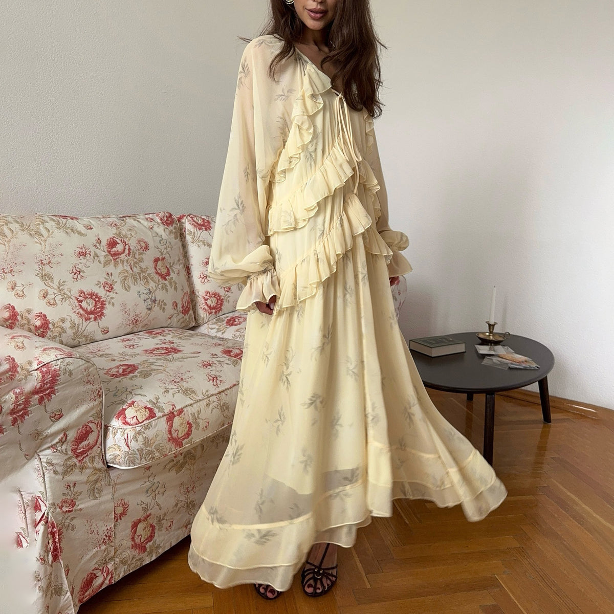 V-Neck Ruffled Mesh Long Dress