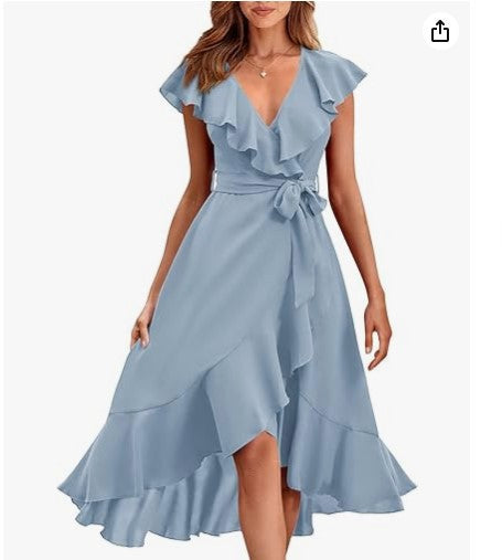 V-Neck Ruffled Midi Dress with Lace-Up Detail