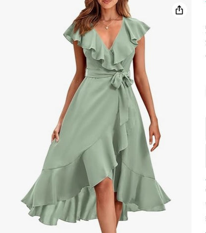 V-Neck Ruffled Midi Dress with Lace-Up Detail