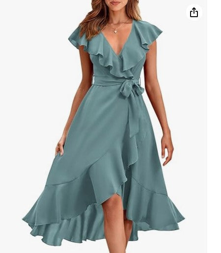 V-Neck Ruffled Midi Dress with Lace-Up Detail