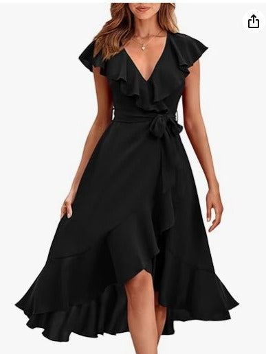 V-Neck Ruffled Midi Dress with Lace-Up Detail