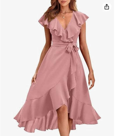 V-Neck Ruffled Midi Dress with Lace-Up Detail