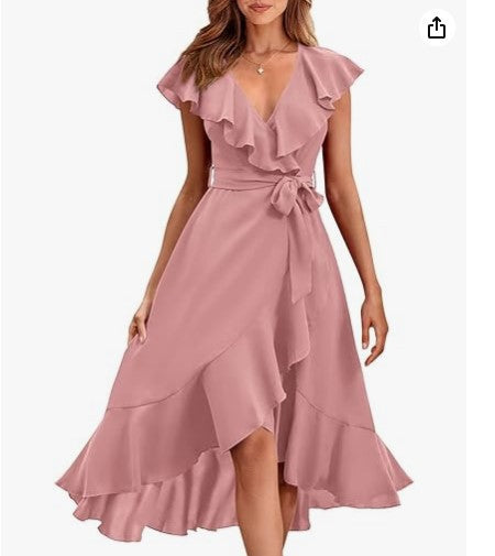 V-Neck Ruffled Midi Dress with Lace-Up Detail