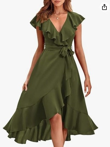 V-Neck Ruffled Midi Dress with Lace-Up Detail