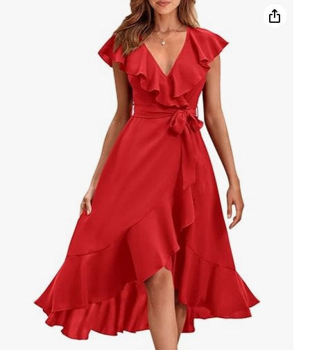 V-Neck Ruffled Midi Dress with Lace-Up Detail