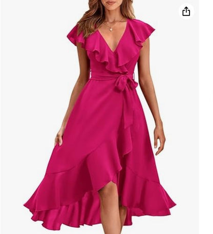 V-Neck Ruffled Midi Dress with Lace-Up Detail
