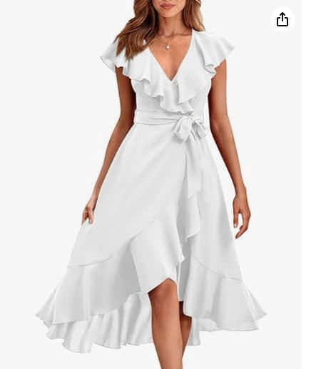 V-Neck Ruffled Midi Dress with Lace-Up Detail