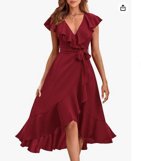 V-Neck Ruffled Midi Dress with Lace-Up Detail