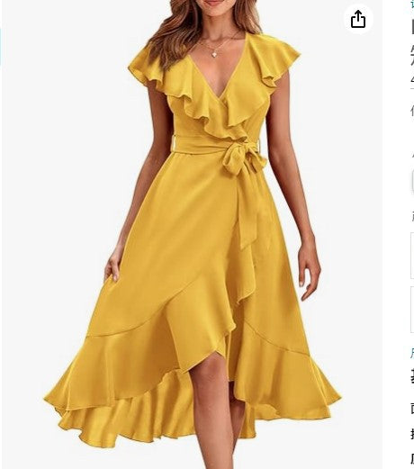 V-Neck Ruffled Midi Dress with Lace-Up Detail