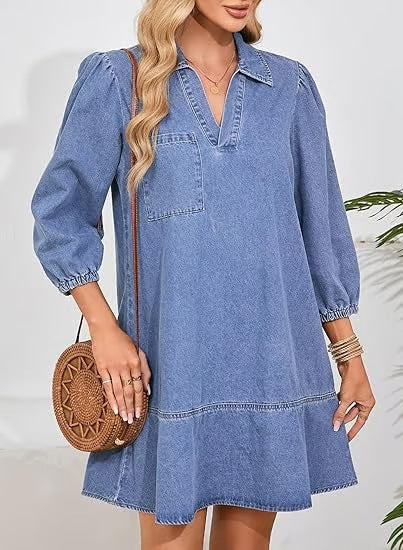 V-neck seven-quarter puffed sleeve denim dress