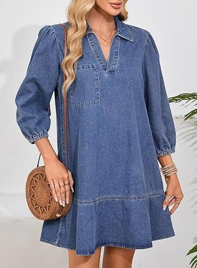 V-neck seven-quarter puffed sleeve denim dress