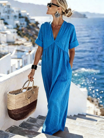 V-Neck Short-Sleeved Solid Color Women's Long Dress