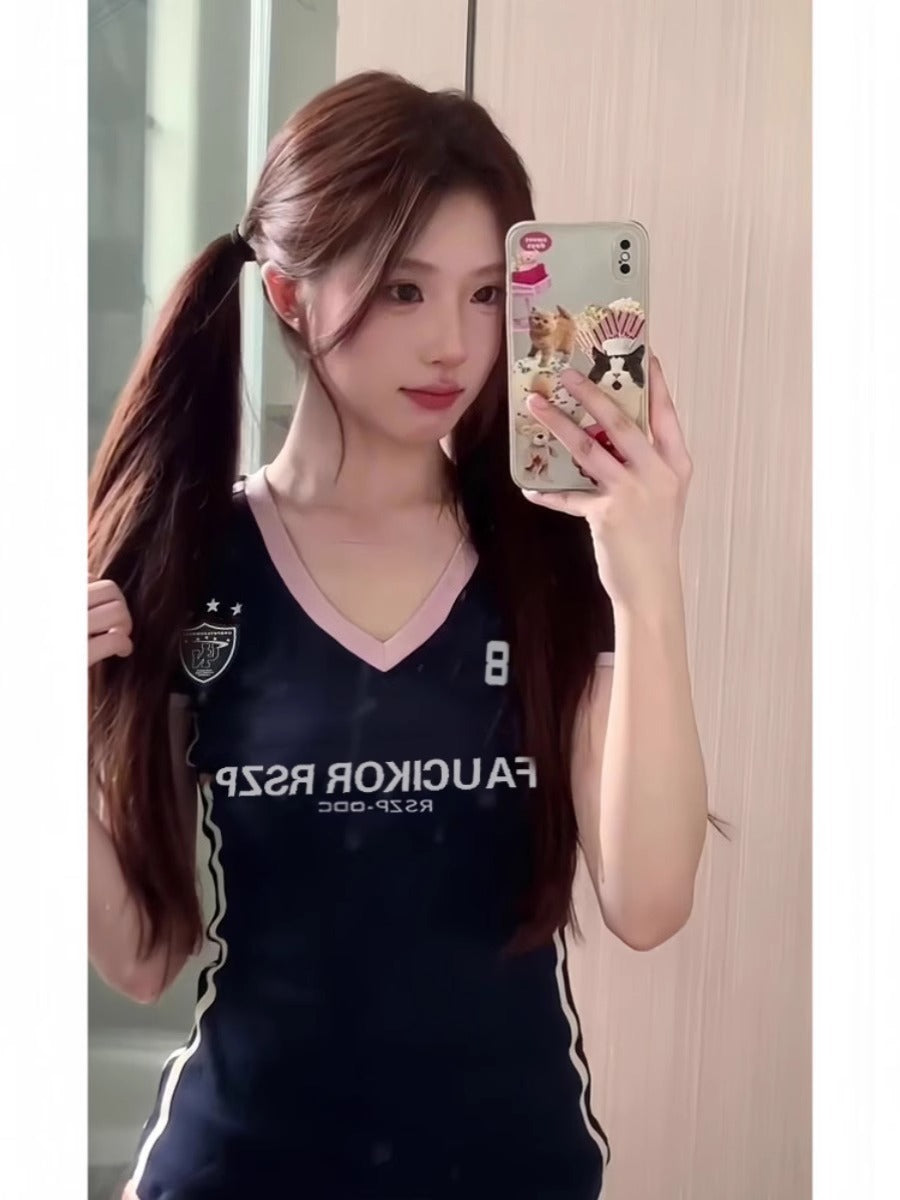 V-neck Shoulder Short-sleeved T-shirt