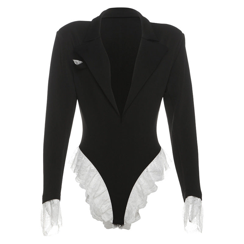 V-neck slim-fit lace stitching small suit jumpsuit