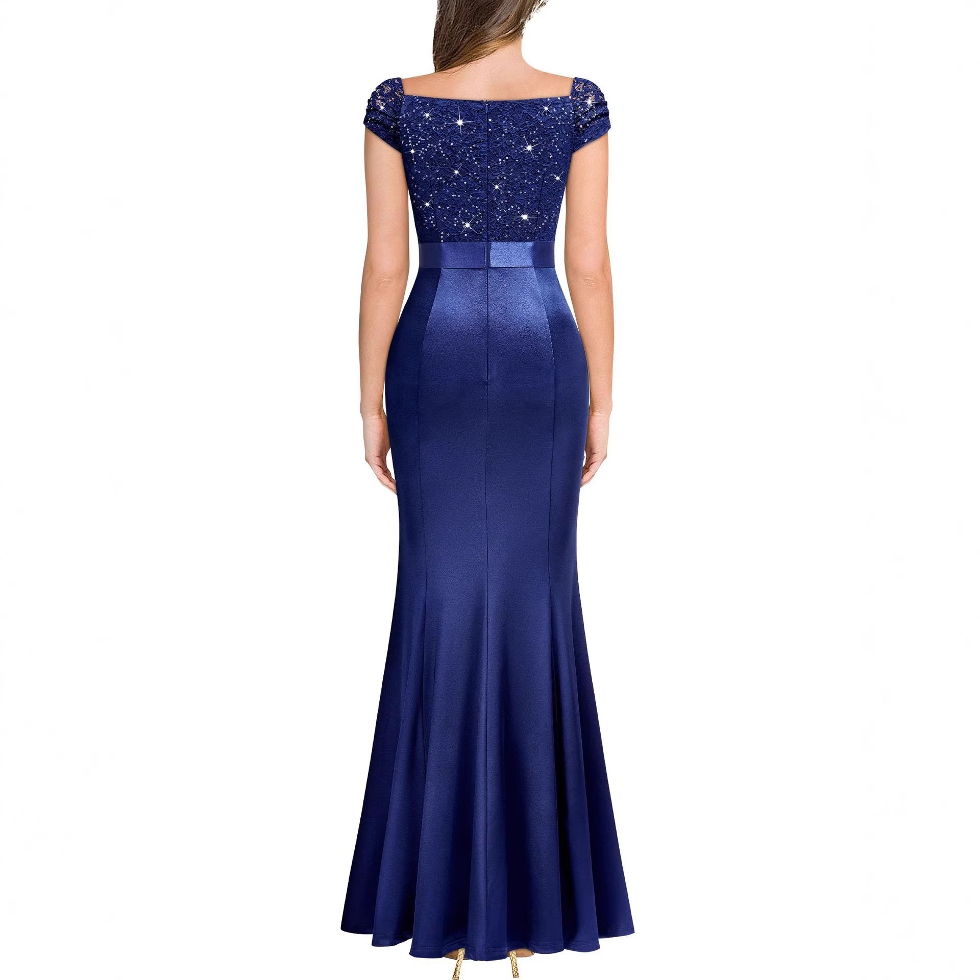 V-Neck Slim-Fit Pleated Slit Evening Gown Long Dress