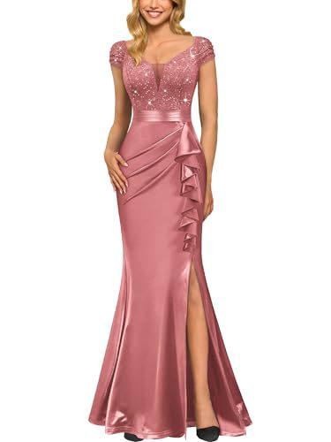 V-Neck Slim-Fit Pleated Slit Evening Gown Long Dress