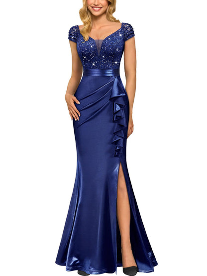V-Neck Slim-Fit Pleated Slit Evening Gown Long Dress