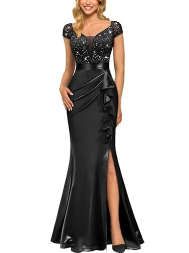 V-Neck Slim-Fit Pleated Slit Evening Gown Long Dress