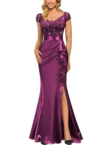 V-Neck Slim-Fit Pleated Slit Evening Gown Long Dress
