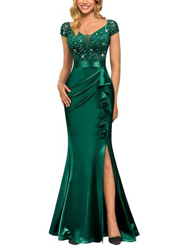 V-Neck Slim-Fit Pleated Slit Evening Gown Long Dress