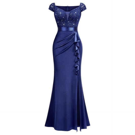 V-Neck Slim-Fit Pleated Slit Evening Gown Long Dress