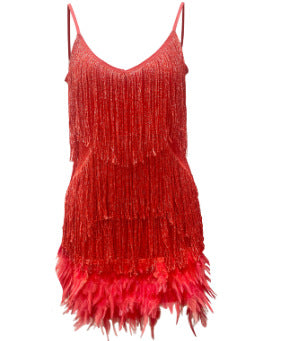 V-neck strapless feather-embroidered dress