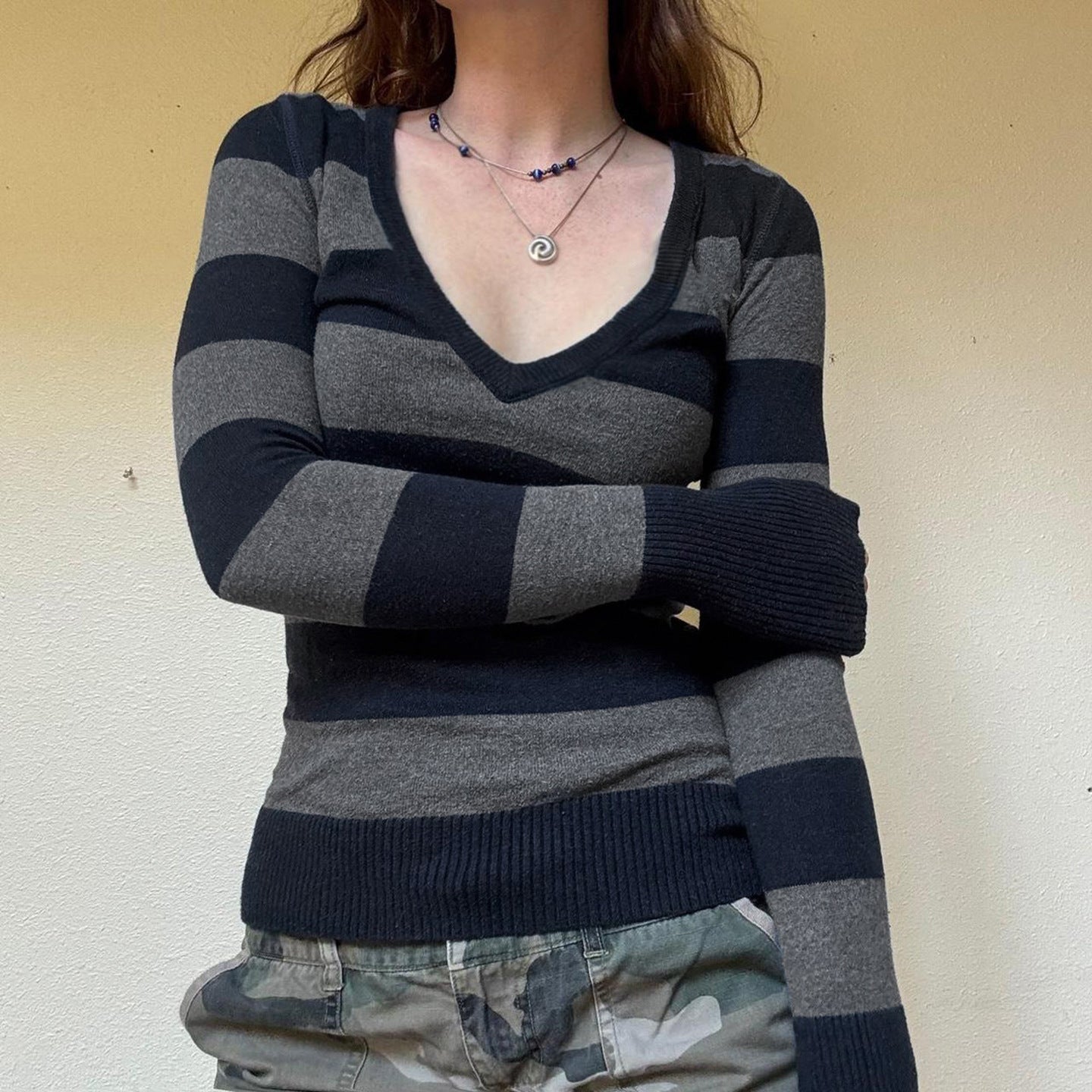 V-neck striped long sleeve