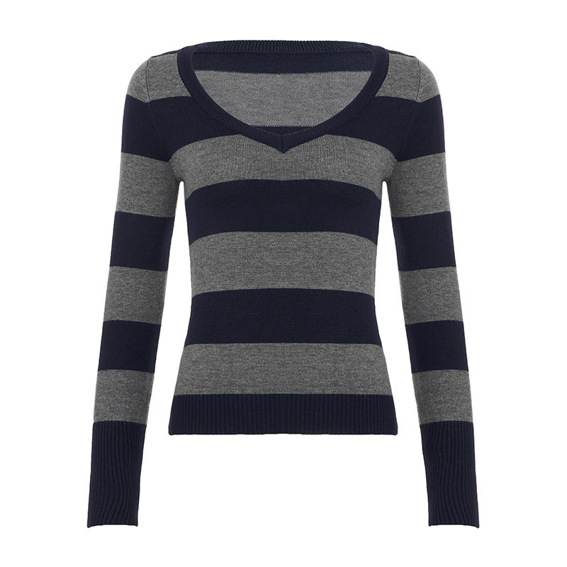 V-neck striped long sleeve