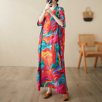 V-neck thin cotton and linen plus size loose artistic holiday style beach dress retro meat covering long robe
