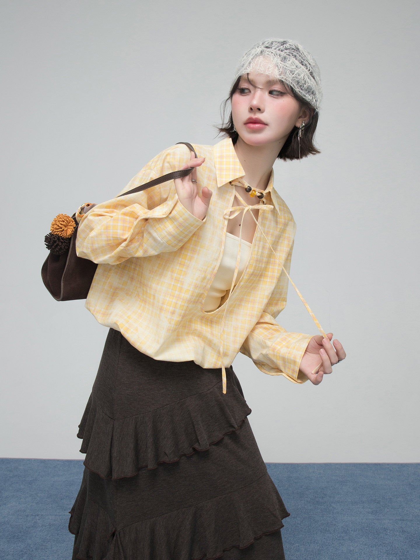 V-neck tie-front plaid faux two-piece shirt