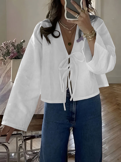 V-neck tie solid color stylish commuter shirt for women