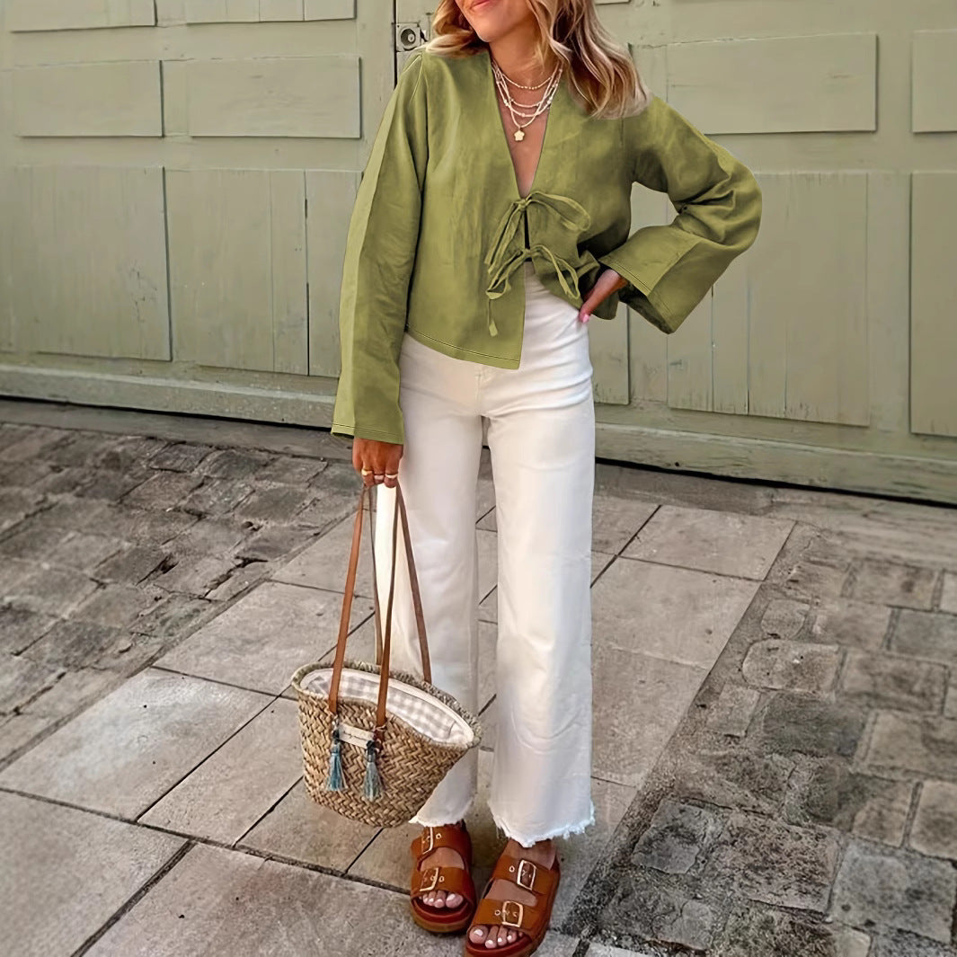 V-neck tie solid color stylish commuter shirt for women