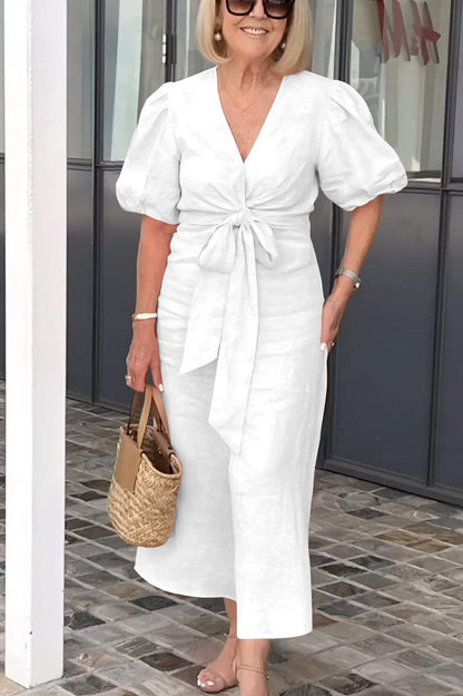 V-Neck Tie-Waist Cotton Blend Dress